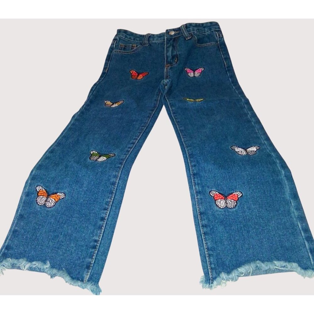 Kids Frayed Hem Butterfly Embroidered Jeans By Shein Size 8Y Blue Denim Cotton/P